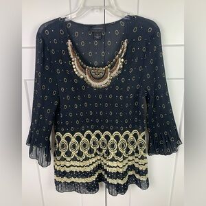 Vintage Blouse XL black Pleated Tribal Print Beaded Art To Wear Whimsey Y2K